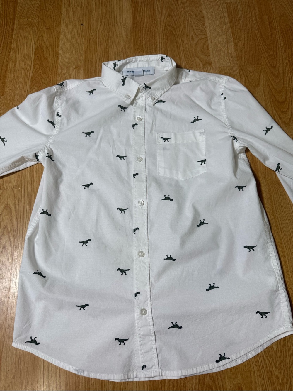 Old Navy Boy's White Button-Down Shirt with Black Dino Print - Size XL(14/16)